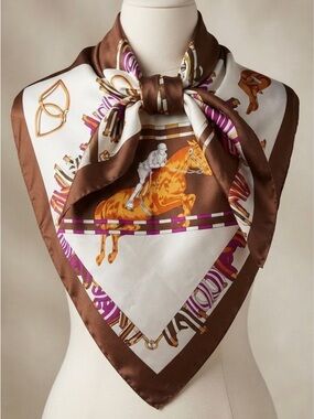 Vintage Equestrian Horse Print Scarf Brown White Silk Feel Square